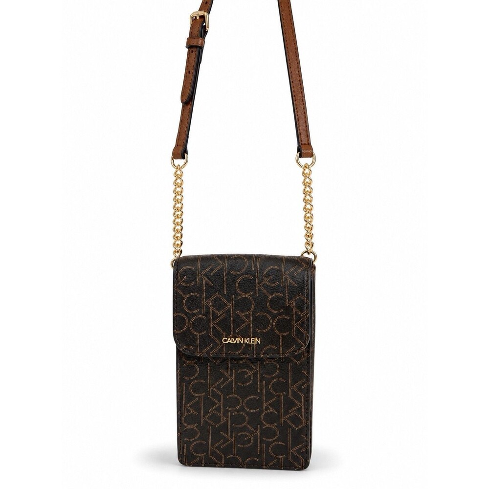 Calvin Klein Monogram Phone Crossbody Bag Brown Gold Chain Mini Purse